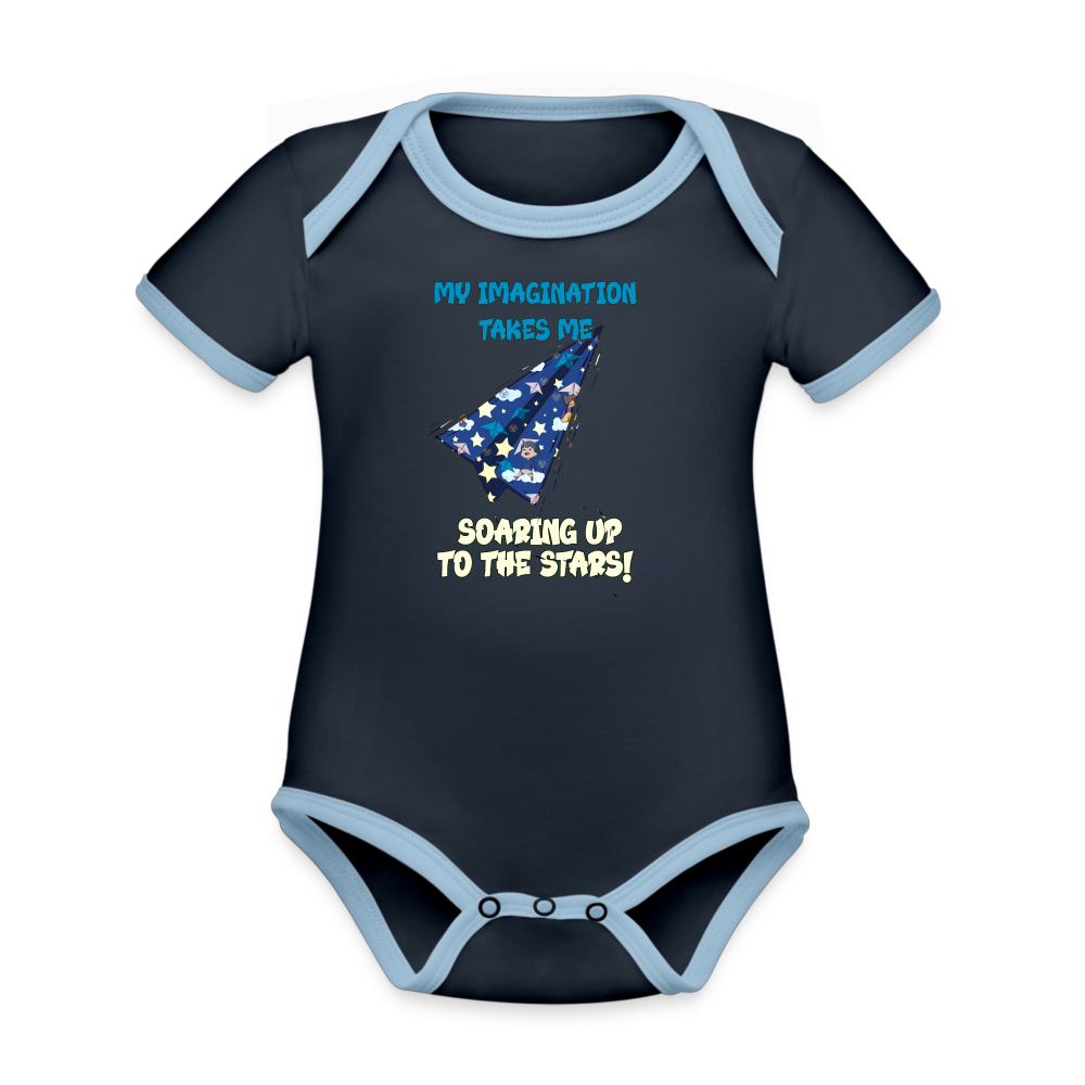 Imagination Takes Flight Collection Organic Contrast Short Sleeve Baby Onesie - navy/sky