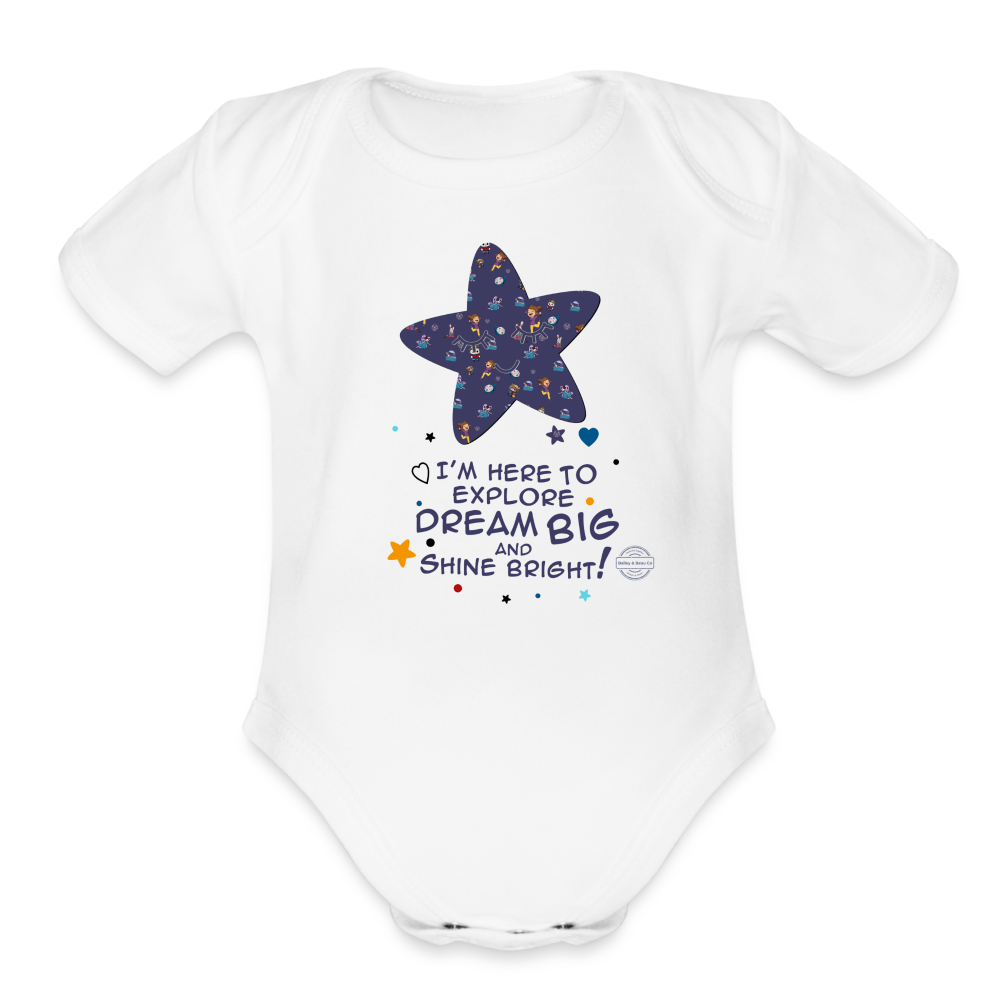 Explore Dream Discover Organic Short Sleeve Baby Onesie - white