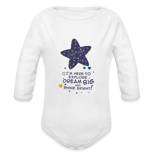 Organic Long Sleeve Baby Bodysuit - Explore Dream Discover - white