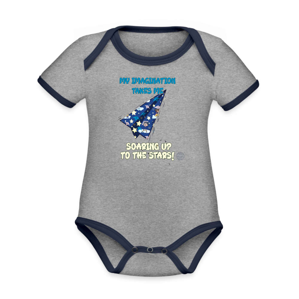 Imagination Takes Flight Collection Organic Contrast Short Sleeve Baby Onesie - heather gray/navy