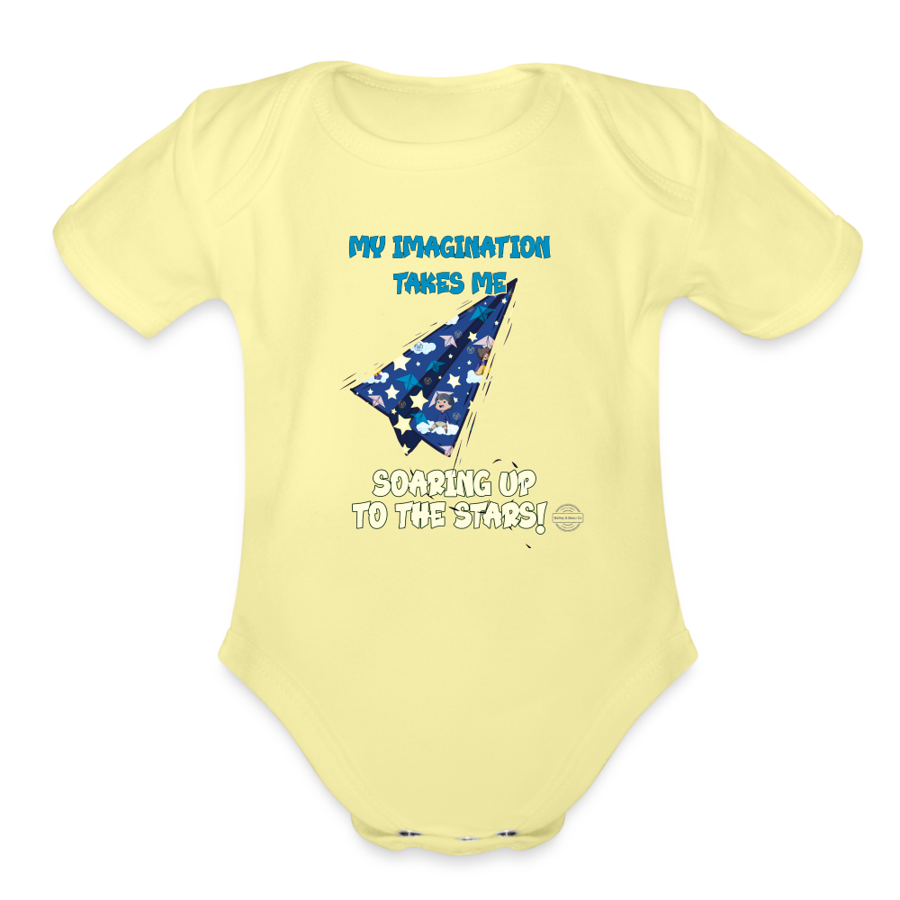 Imagination Takes Flight Collection Organic Short Sleeve Baby Onesie - washed yellow