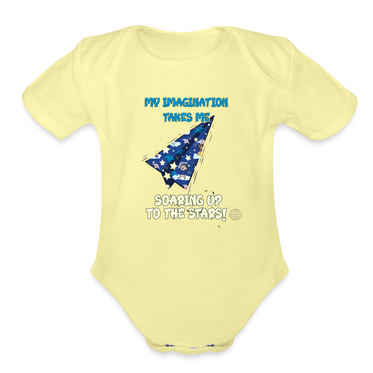 Imagination Takes Flight Collection Organic Short Sleeve Baby Onesie - washed yellow