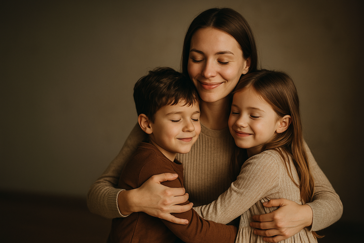 a young aunt hugging her nephew and niece. keep some space at left side for text, dont add any text on image it should look real and some overlay on the image so text will be visible when i add